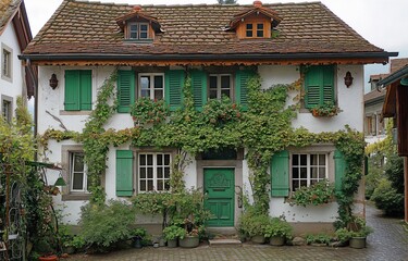 dwelling in a charming Swiss village with green shutters that are encircled by climbing plants