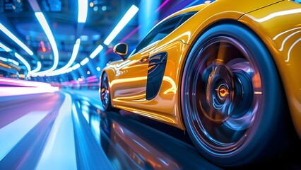 Closeup image of yellow sports car speeding with blurred lights on side. Concept Automotive Photography, Yellow Sports Car, Speed Motion Blur, Closeup Detail Shot, Dramatic Lighting