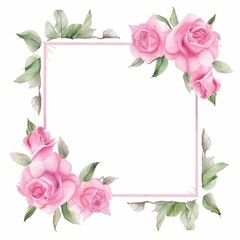 pink rose themed frame or border for photos and text. watercolor illustration, Perfect for nursery art, simple clipart, single object, white color background. Watercolor flowers for design card.