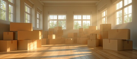 Moving into a new flat, stack of cardboard boxes in an empty room