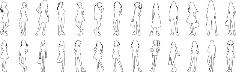 girls Line art, vector illustration of women in various poses. Perfect female outline for fashion design, animation. Elegant simplicity, black outlines on white background