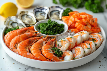 Elegant seafood platter with oysters, shrimp, and crab, beautifully arranged on a white porcelain plate.. AI generated.