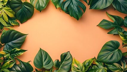 Fototapeta premium Minimal summer banner with Philodendron leaves on isolated background capturing summer vibes. Concept Summer Vibes, Minimal Design, Philodendron Leaves, Isolated Background, Banner