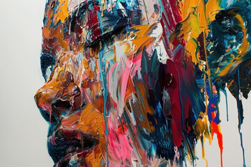 An abstract portrait of a human figure covered in vibrant layers of dripping paint. - Generative AI - obrazy, fototapety, plakaty