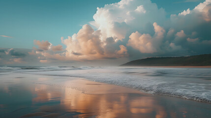 A sense of peace pervades the beach, with the cloudy sky above casting a serene backdrop over the tranquil waters below
