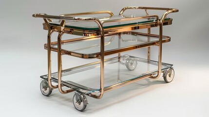 modern brass and glass bar cart with wheels, gold finish, to shelves, chrome wheel trim, vintage design, in the style of french style, white background  - obrazy, fototapety, plakaty