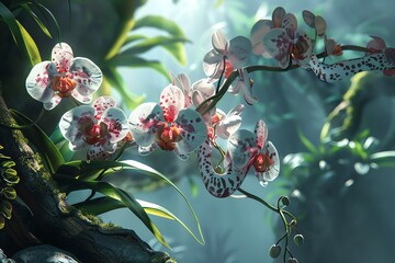 Illustrate a captivating fusion of an orchid and a serpent intertwined in a dance of light and...