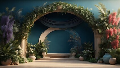 Fototapeta premium background for product displays with a podium in the middle, and plant ornaments, elegant, luxurious, product display podium, made with AI generative