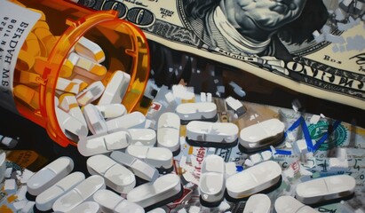 A medical syringe laying next to some pills on top of some hundred dollar bills money cash drugs - obrazy, fototapety, plakaty