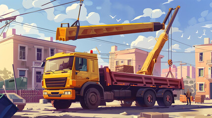 A construction truck with a crane lifting heavy materials