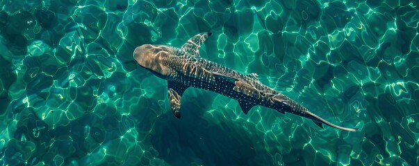 Aerial view of spinner shark swimming in clear blue waters of Atlantic Ocean, Southampton, New York, United States.