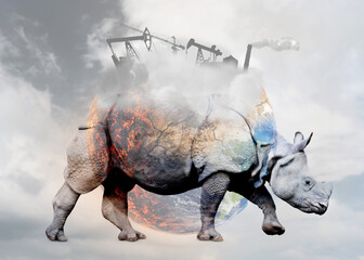Double exposure of rhinoceros and conceptual image depicting Earth destroying by global warming and...