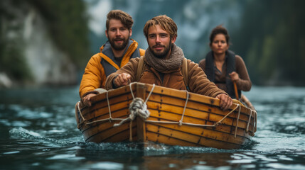Three friends in a wooden rowboat, navigating through calm, misty waters surrounded by forested...
