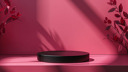 Black round stage on pink background with leaf shadow.
