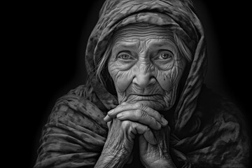 Portrait of an old woman with black background, black and white photography