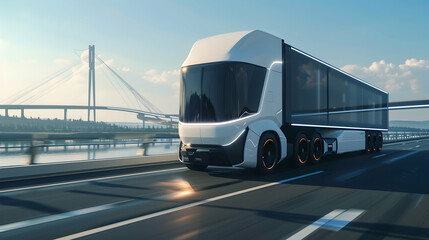 A futuristic-looking electric truck driving on a highway