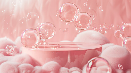Pink and white podium with bubbles floating around.