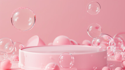 Pink podium with clear soap bubbles floating around.