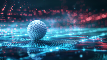 The golf ball is sitting on a tee surrounded by a blue and red glowing grid.