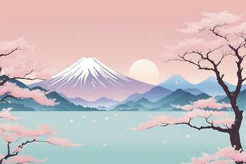 パステル日本の山と桜の背景
