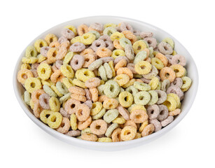 Tasty cereal rings in bowl isolated on white