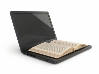 A physical book emerging from a laptop screen, highlighting the blend of traditional reading with modern technology.