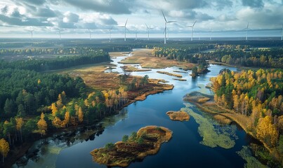 Obraz premium Aerial views of windfarm and wind energy station. Finnland