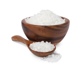 Natural salt in wooden bowl and spoon on white background