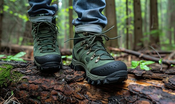 Closeup of green hiking shoes and rolled up blue jeans walking away on a log in the woods
