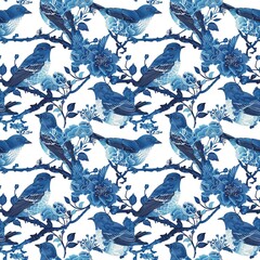 Brian Kushner bird, blue and white, seamless pattern, textile, summer, vintage background, beautiful, very beautiful bird - obrazy, fototapety, plakaty