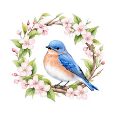 Baby bluebird perched within a wreath of cherry blossoms and apple blossoms watercolor illustration clipart floral botanical
