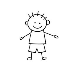 Funny doodle boy. Happy cute doodle kid. Hand drawn boy. Funny child. Vector illustration in hand drawn style isolated on white background.