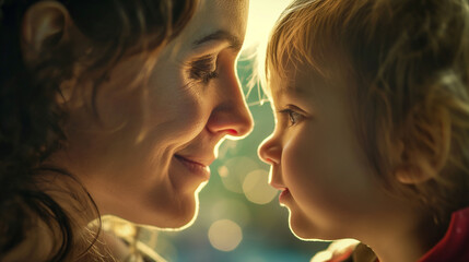A mother and child sharing a secret whispered conversation, their heads close together and smiles playing on their lips, with blurred background for intimacy. Dynamic and dramatic
