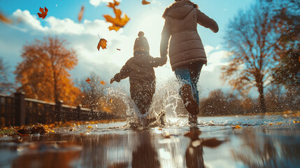 A mother and child enjoying a playful splash in a puddle, captured in mid-air as droplets fly, with vibrant reflections and copy space for added impact. Dynamic and dramatic compos