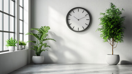 Spacious Room with Large Clock and Varied Greenery Near Window