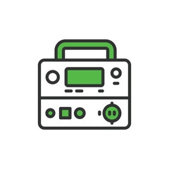 Portable power station, in line design, green. Portable power station, Battery pack, Charging, Mobile power, generator on white background vector. Portable power station editable stroke icon.