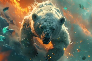 Craft a captivating image of a polar bear looming overhead from a worms-eye view Render fiery wildfires in the backdrop with a cyberpunk twist - obrazy, fototapety, plakaty