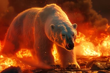 Craft a captivating image of a polar bear looming overhead from a worms-eye view Render fiery wildfires in the backdrop with a cyberpunk twist - obrazy, fototapety, plakaty