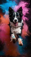 Border Collie jumping with coloured powder