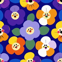 Seamless pattern of cheerful pansies in a rainbow of colors, with distinctive faces on their petals, Generative AI