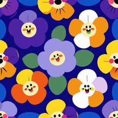 Fototapeta premium Seamless pattern of cheerful pansies in a rainbow of colors, with distinctive faces on their petals, Generative AI