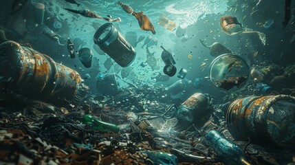 Realistic depiction of undersea environment polluted with old, weathered plastic parts and bottles, emphasizing the need for environmental action