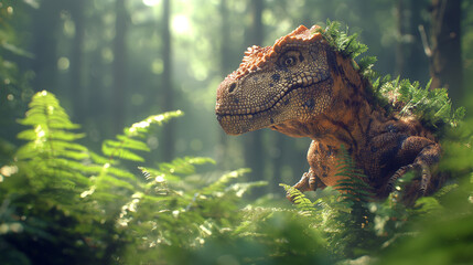 A dinosaur with a green head and brown body is standing in a forest - obrazy, fototapety, plakaty