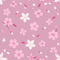 Seamless pattern of delicate cherry blossoms drifting on the breeze in shades of pink and white, Generative AI