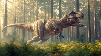 A large T-Rex is running through a forest - obrazy, fototapety, plakaty