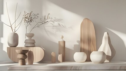 Abstract wooden shapes on pedestal form a modern monochrome minimalist design. Concept Minimalist Design, Abstract Shapes, Wooden Pedestal, Modern Aesthetic