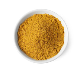 Dry curry powder in bowl isolated on white, top view
