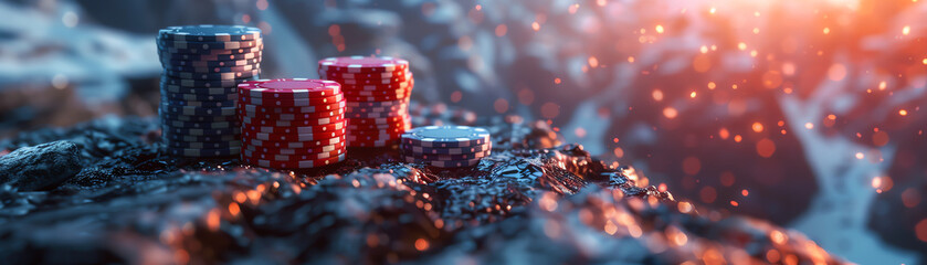 A highstakes poker game with chips stacked high, the table situated precariously on a cliff edge