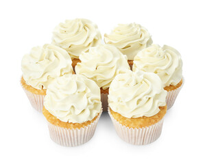 Tasty vanilla cupcakes with cream isolated on white