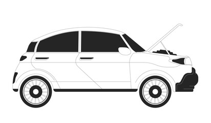 Car with open hood black and white 2D line cartoon object. Auto engine diagnostic. Vehicle service shop isolated vector outline item. Broken transport checking monochromatic flat spot illustration